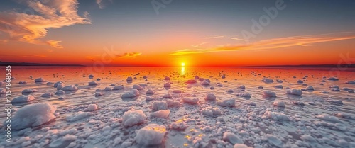 Orange sunset reflects on crystalline Dead Sea salt, glistening texture,  golden hour, detail