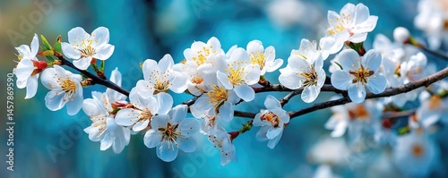 Blossoming apricot tree branches in spring with blue background concept. Delicate white blossoms on a branch against a soft blue background.