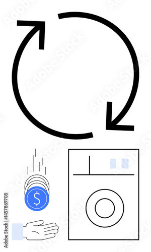 Arrows forming a cycle, coins falling into a hand, washing machine image. Ideal for sustainability, recycling, saving, eco-economy, finance, resource efficiency simple landing page