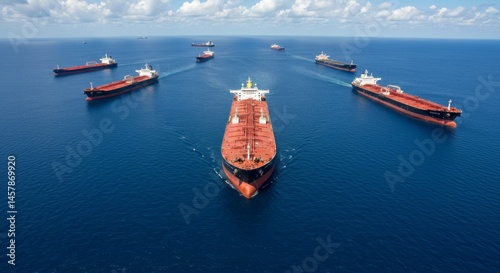 Aerial View of Oil Tanker Fleet on the Ocean