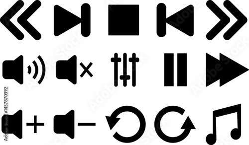 Music button asset simple icon set. Navigation. Sound volume control buttons Mute, unmute, quieter, louder,arrow symbol, arts culture and entertainment, black color, control, cut out, direction icons.