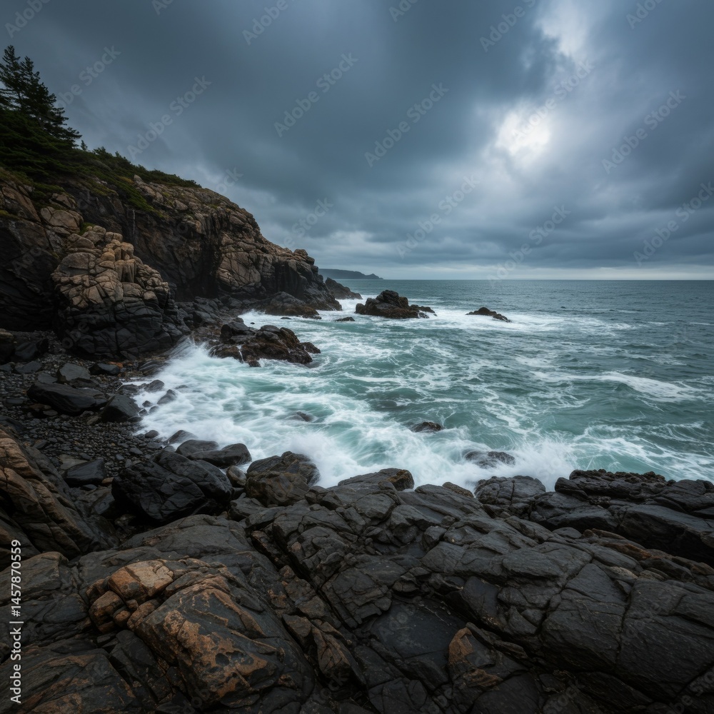 Dark Stormy Ocean Waves Crashing on Rocky Coast Dark Stormy Ocean Waves Crashing on Rocky Coast