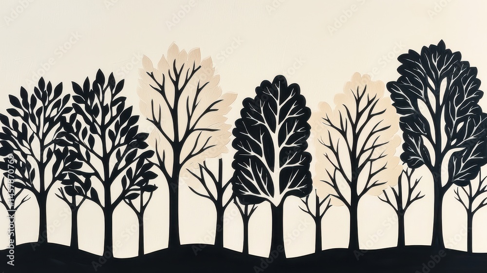 Fototapeta premium Artistic Tree Silhouette Design with Black and Beige Leaves in Minimalist Nature Illustration