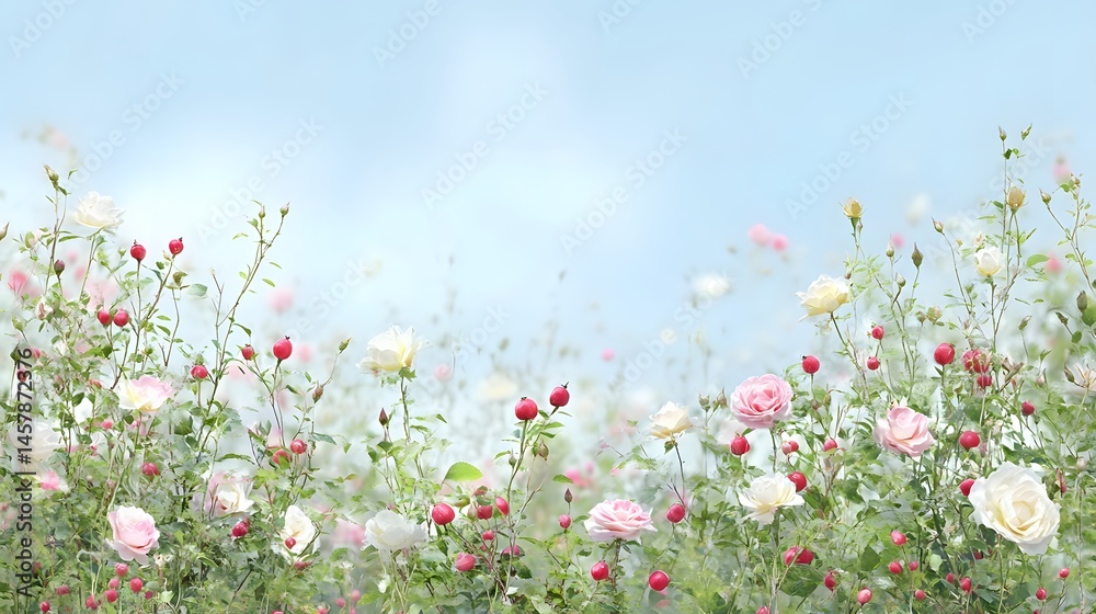 Obraz premium Pastel roses in a field against a soft sky.