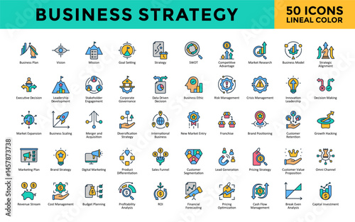 Business Strategy icons set with business plan, vision, mission, goal setting, strategy, swot, competitive advantage, market research, business model icon. Simple lineal color vector 
