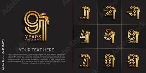 Anniversary logo style double line number set. gold color and golden ribbon for celebration event