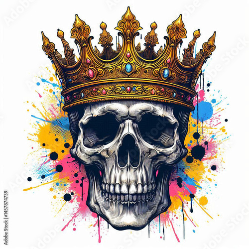 Ornate skull wearing a golden crown amidst vibrant splashes.