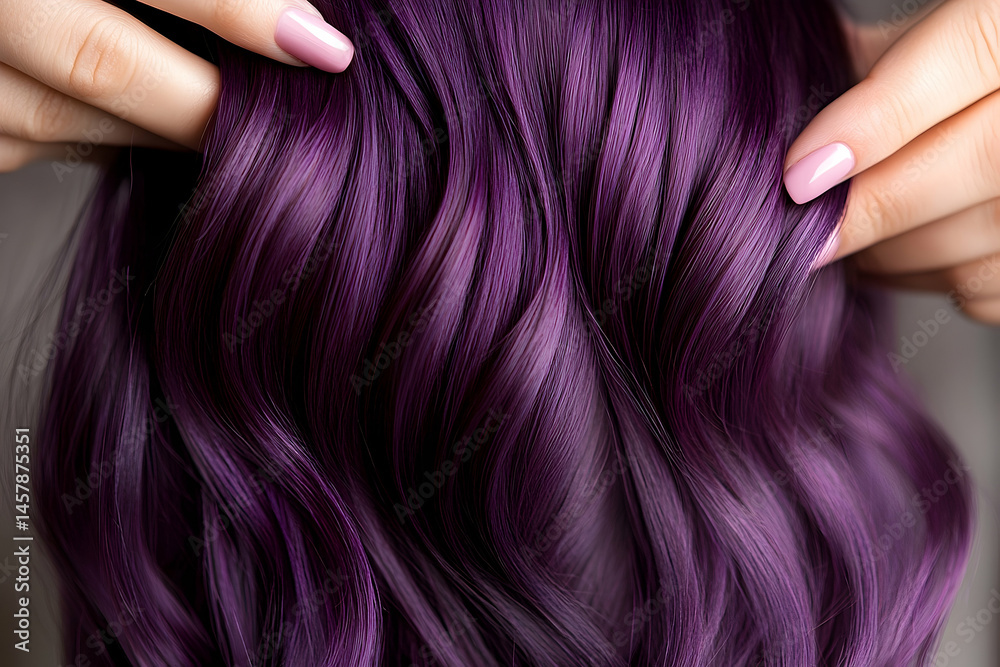 Obraz premium Closeup view of vibrant purple wavy hair soft lighting smooth texture