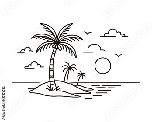 Minimalist line art of a tropical island with palm trees