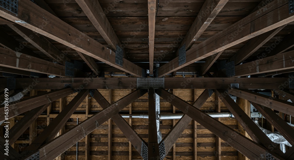 Intricate network of aged wooden beams and trusses forming the structural framework of a building's roof or attic space, showcasing rustic construction details. Intricate network of aged wooden beams and trusses forming the structural framework of a building's roof or attic space, showcasing rustic construction details.