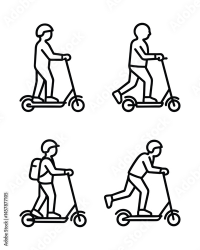 Four people riding scooters in different positions and styles