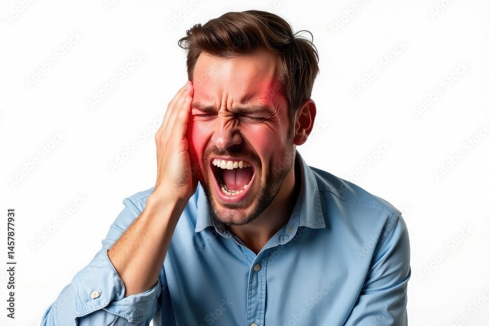 Severe toothache, throbbing pain, isolated white background, extraction, sensitive, pressure Severe toothache, throbbing pain, isolated white background, extraction, sensitive, pressure