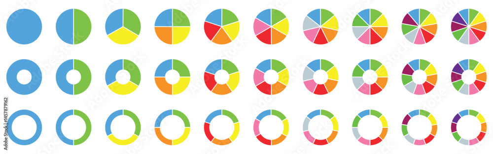 Colorful pie and donut charts. Circle chart, circle sections and round donuts chart pieces. Business infographic vector set. Pie chart information template for business workflow and annual reports. Colorful pie and donut charts. Circle chart, circle sections and round donuts chart pieces. Business infographic vector set. Pie chart information template for business workflow and annual reports.