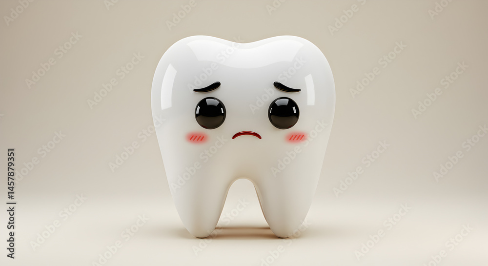 Sad White Tooth Character in 3D Render with Cartoon Eyes and Blush Marks on Beige Background