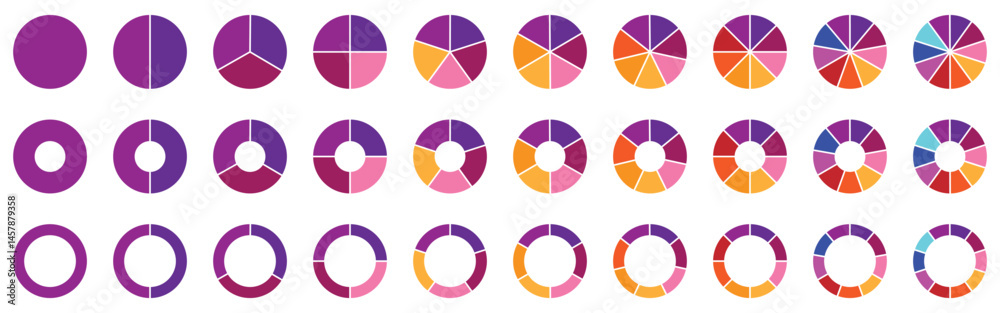 Fototapeta premium Circle pie chart diagram. 1,2,3,4,5,6,7,8,9,10,sections or steps. Colorful Pie chart set. Pie chart circle. Flat process cycle. Progress sectors. 
