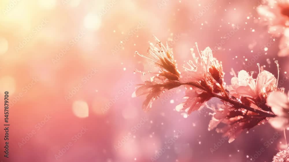 Pink cherry blossoms are blooming on a branch in spring, with a beautiful sparkling bokeh background