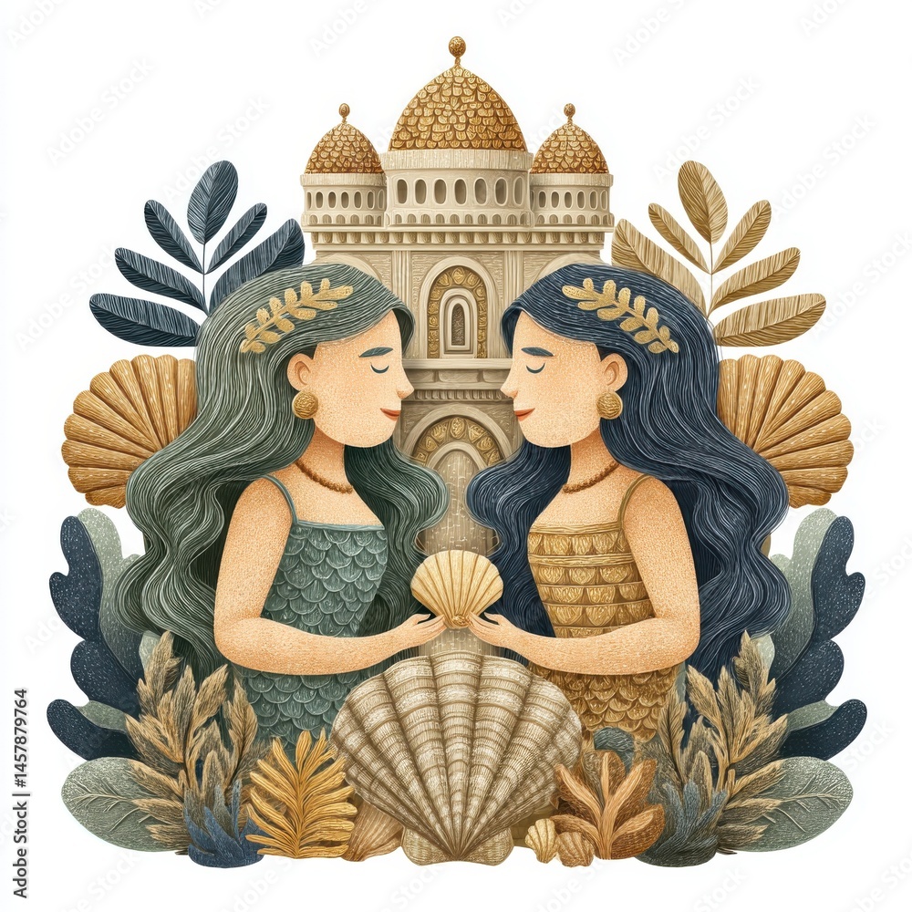 Fototapeta premium Two Women Holding Shell, Golden Architecture Background, Earthy Tones Illustration