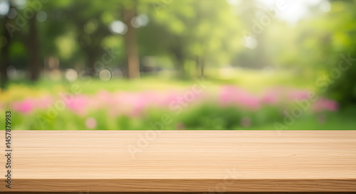 Empty wood table top with abstract blur park garden background. outside, template, autumn, old, landscape