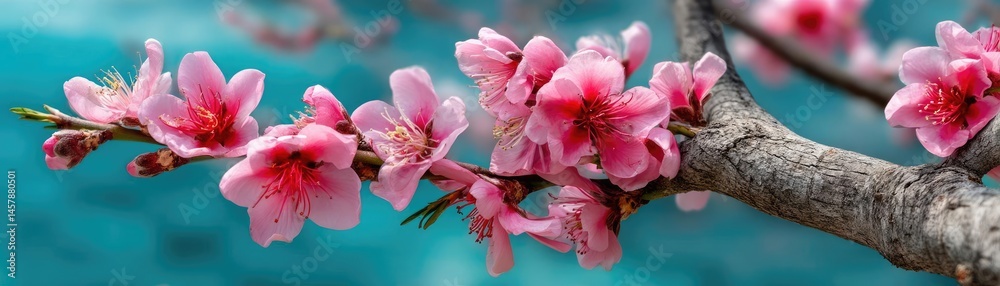 Fototapeta premium Blossoming apricot tree branches under blue sky with sunlight concept. Stunning cherry blossom branch against a serene blue backdrop.