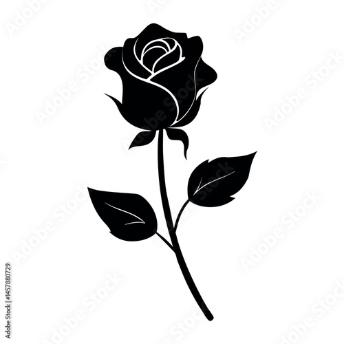 A clean and elegant black rose flower silhouette with a single stem and optional leaves. Designed in minimal line art style, perfect for print, tattoo, and graphic design use.