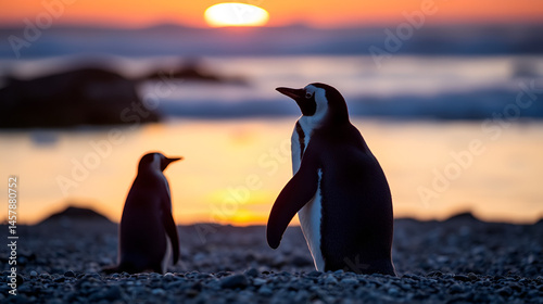African penguin couple at sunset