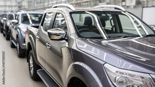 New pickup trucks parked in a row, inside an automobile factory, ready for shipping.