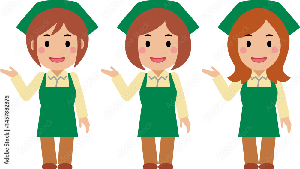 こちら、と笑顔の緑エプロンの若い女性 こちら、と笑顔の緑エプロンの若い女性