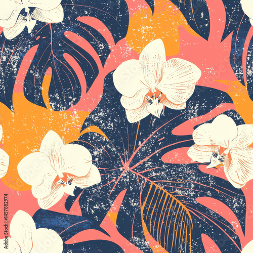Vibrant seamless pattern with tropical leaves and orchids in summer