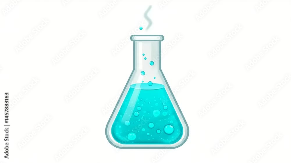 Blue liquid in a laboratory flask with bubbles and steam, symbolizing scientific experimentation