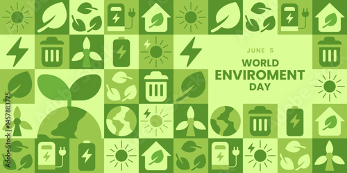 World Environment Day illustration background for web template, landing page with geometric nature mosaic