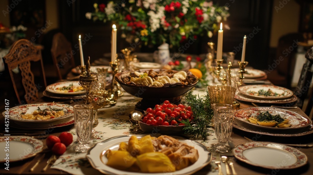 Elegant Holiday Feast with Candles and Flowers on a Festive Table Setting for Christmas Dinner Elegant Holiday Feast with Candles and Flowers on a Festive Table Setting for Christmas Dinner
