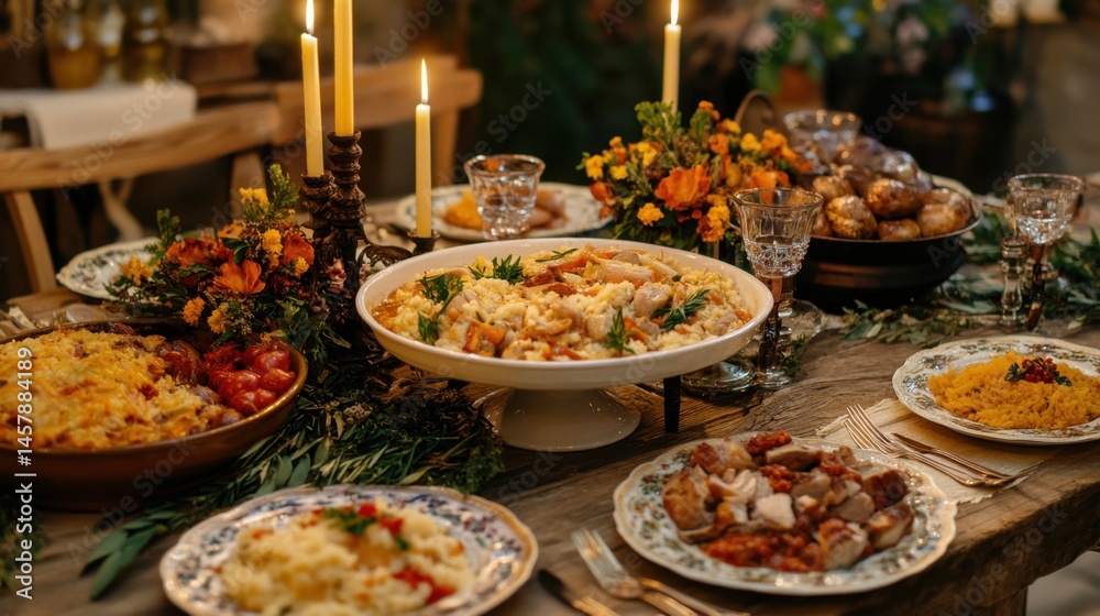 Obraz premium Elegant Dinner Table Setting with Candles and Delicious Food for a Festive Celebration