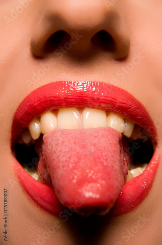 Red Lipstick and Tongue, Macro Close-Up