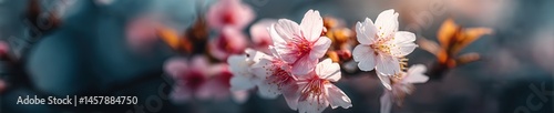 Realistic close-up of sakura flowers with sunlight filtering through delicate petals, creating a peaceful and serene atmosphere with shallow focus. photo