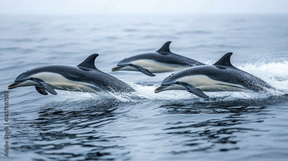 Fototapeta premium Three Pacific White-sided Dolphins Leaping in the Ocean