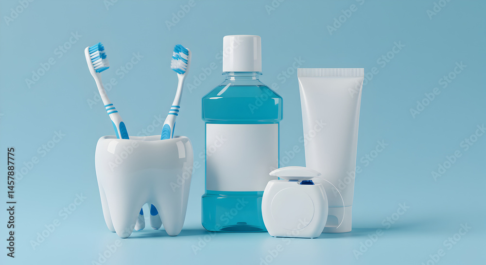 Toothbrush Mouthwash Toothpaste and Dental Floss on a Light Blue Background Dental Hygiene Products for Comprehensive Oral Care Still Life Toothbrush Mouthwash Toothpaste and Dental Floss on a Light Blue Background Dental Hygiene Products for Comprehensive Oral Care Still Life