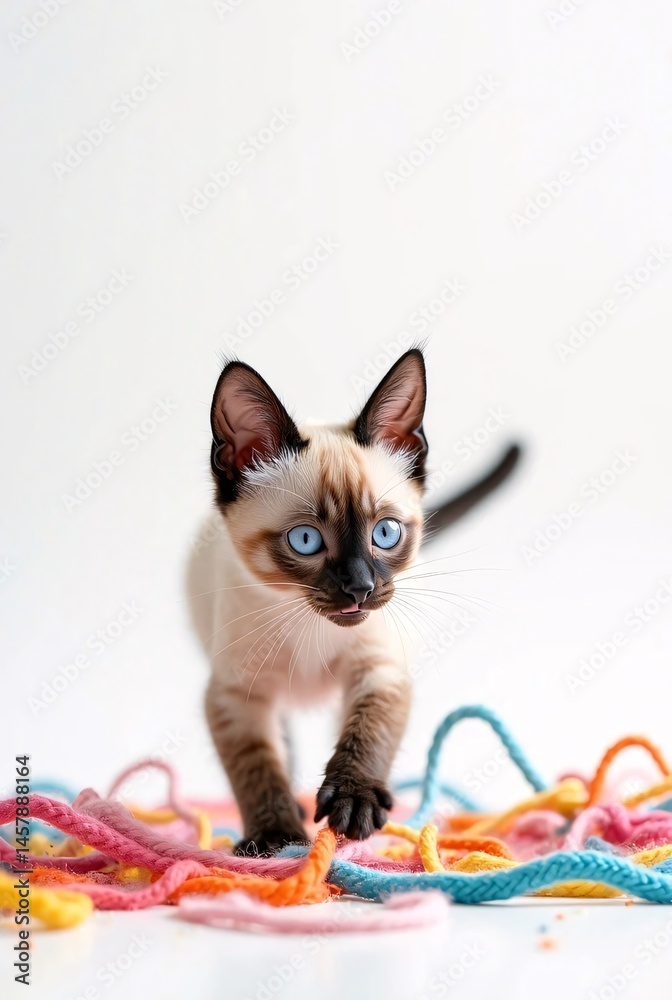 Playful Siamese Kitten with Colorful Yarn