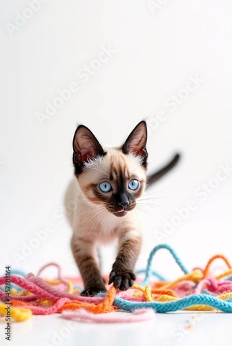 Obraz na płótnie Playful Siamese Kitten with Colorful Yarn w salonie