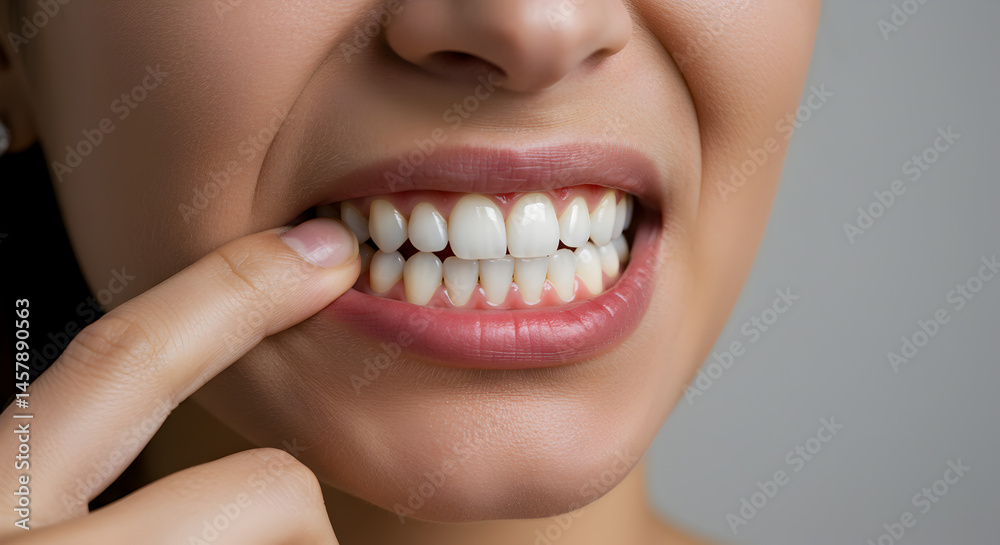 Fototapeta premium Woman Displays Healthy White Teeth With Finger Pointing Dental Hygiene In Close Up Neutral Background
