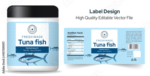Tuna fish label design, fresh seafood packaging label design, tuna fish jar packaging vector illustration, freeze dried fish vector layout print ready flle editable layout
