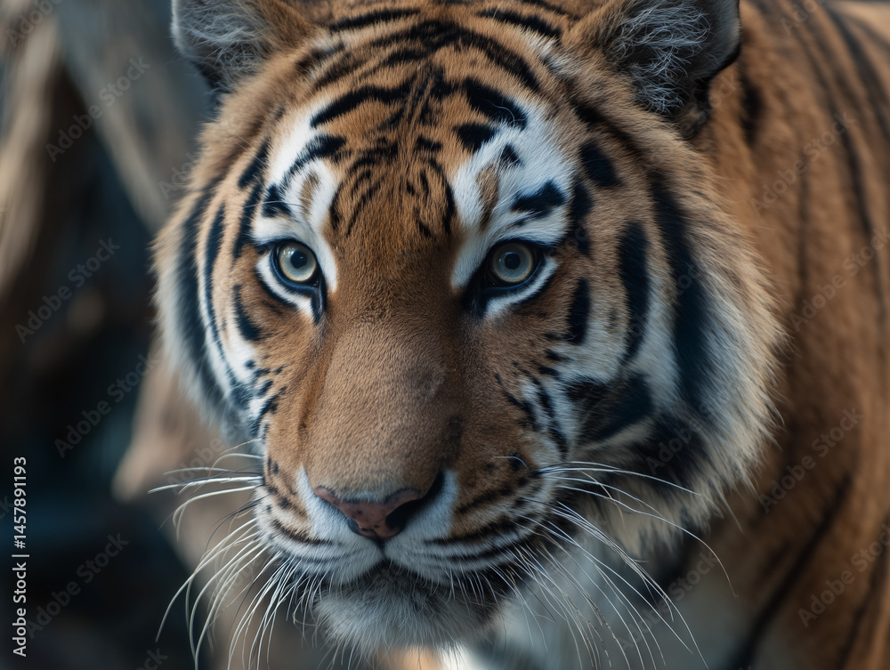 Naklejka premium Close-up of Focused Tiger Face / 집중하는 호랑이 얼굴 클로즈업