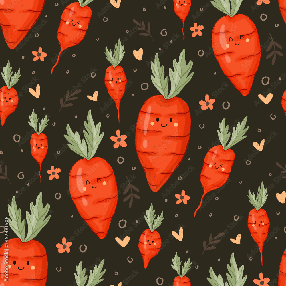 Cutie Red Carrot Cartoon Seamless Pattern Background In Dark Color For Fabric Textile Design Cutie Red Carrot Cartoon Seamless Pattern Background In Dark Color For Fabric Textile Design
