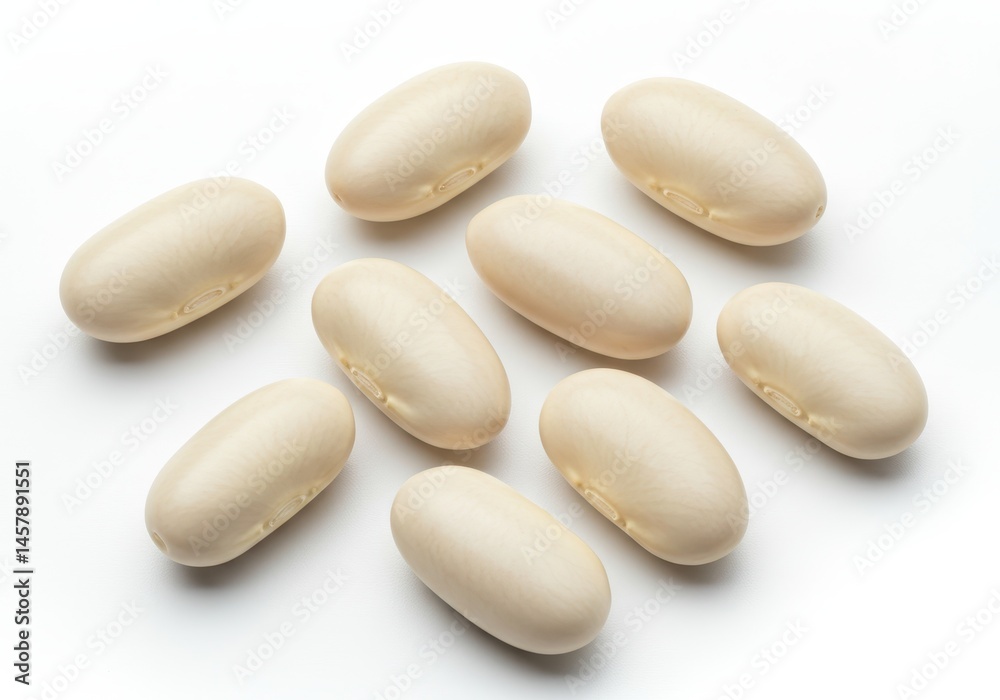 Pile of white beans on a white surface in a studio shot Pile of white beans on a white surface in a studio shot