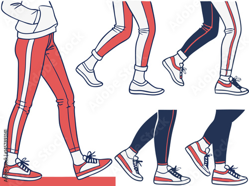 female legs in red shoes. Stylish Walking Legs Graphic Design for Apparel Branding and Logos