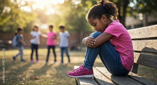 Sad lonely african american girl sitting alone on bench, hugging her knees, feeling excluded, left out or rejected by friends who are playing together out of focus in the background