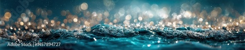 Ultra-wide banner of a serene water surface with dreamy bokeh light reflections, soft blue tones, and real light flare, captured with photographic depth. photo