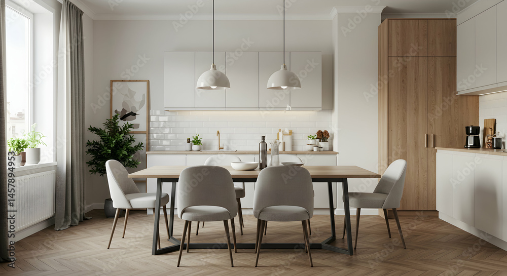 Fototapeta premium Modern Minimalist Kitchen Interior with Elegant Dining Area Design