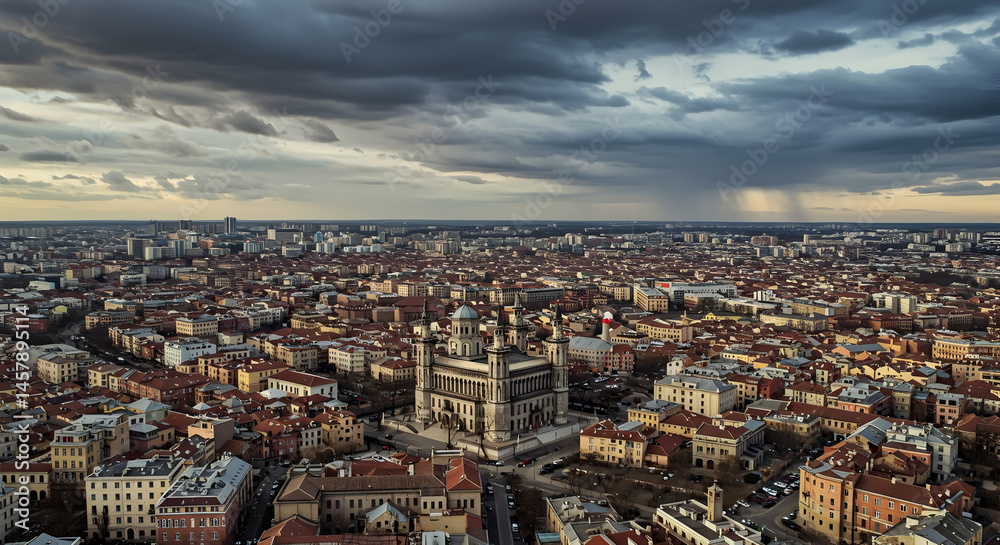 Obraz premium Aerial View of Urban Cityscape with Dramatic Sky and Buildings