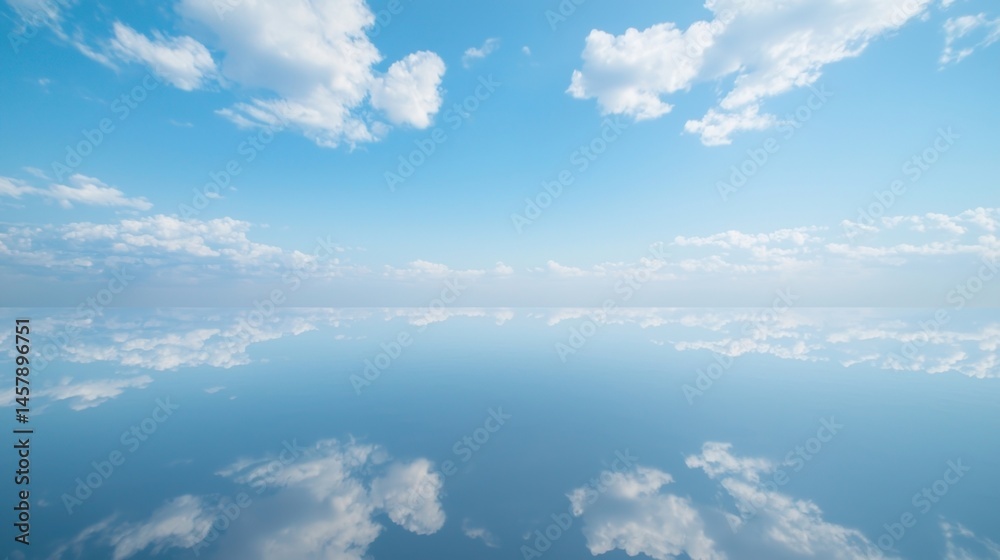 Fototapeta premium Clear blue sky with fluffy clouds reflected on a calm, mirror-like water surface, creating a serene and tranquil landscape.