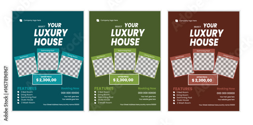  a bundle of 3 templates house sale flyer design, in blue color, and modern design,marketing,medical proposal, promotion, advertise, publication and editable vector template design.